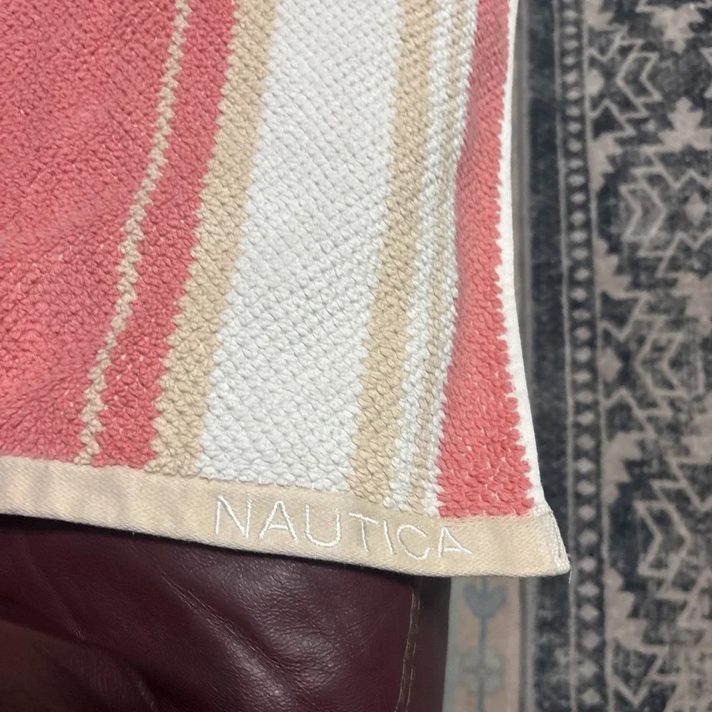 NAUTICA LAKEVIEW CORAL & TAN WHITE STRIPE 4 Piece HAND Cloth & Bath Beach Towel